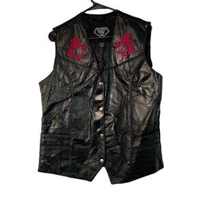 Moto VTG Diamond Plate Buffalo Leather Vest Red Rose Embroider XL Women 7370